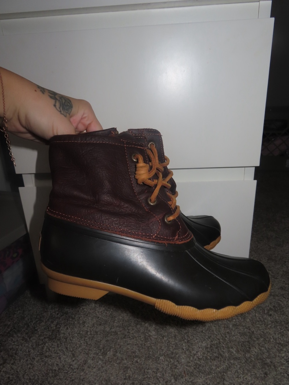 Sperry Brown Leather and Black Rubber Duck Boots with Tan Laces